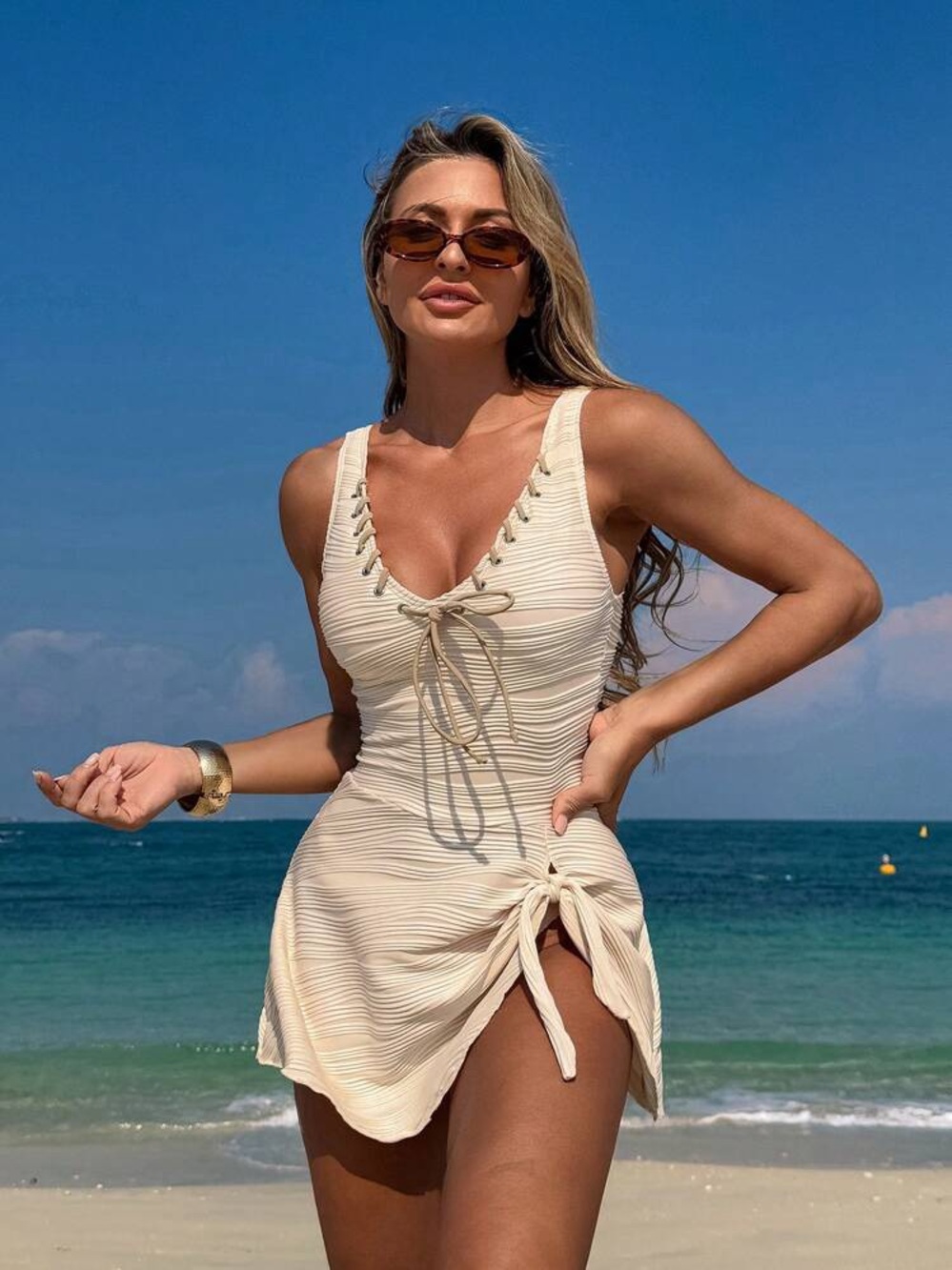 Cream Lace-Up V-Neck Swim Dress size medium
